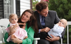 Pictured here at Longwood House this summer, President Reveley and his wife, Marlo, are happy that 1-year-old twins May and Quint will be growing up as part of the Longwood family.