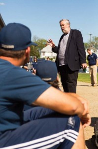 Bill James speaks with the Lancer baseball team.