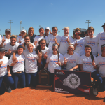 The softball team celebrates its third Big South Conference title before going on to the NCAA Tournament, where it reached the regional championship game.—photo credit Tim Cowie