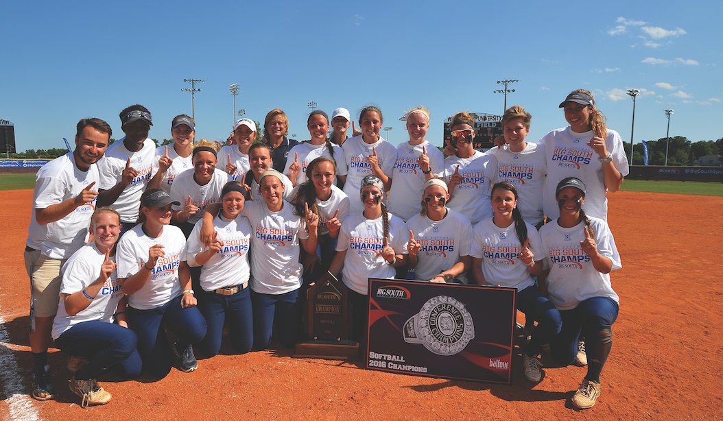 The softball team celebrates its third Big South Conference title before going on to the NCAA Tournament, where it reached the regional championship game.—photo credit Tim Cowie